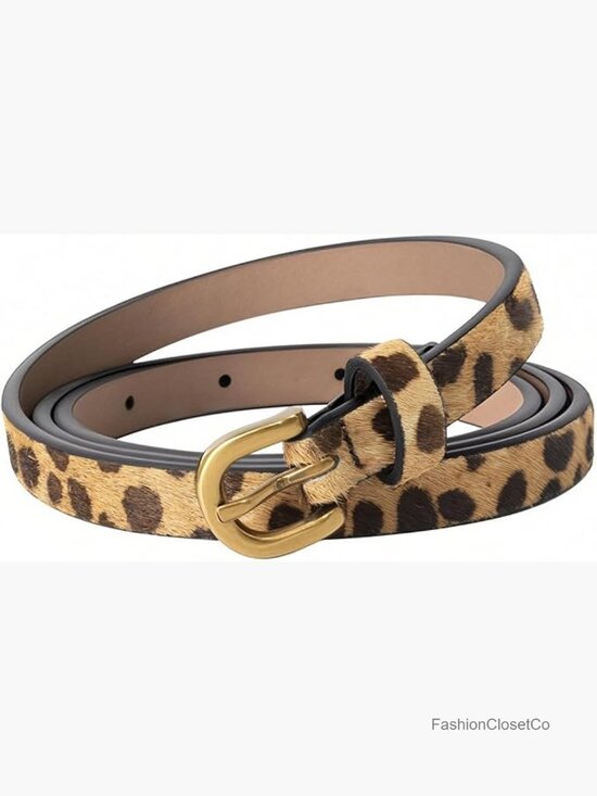 Leather Belt with Leopard Print Buckle Animal Skinny for Women Jeans Dress